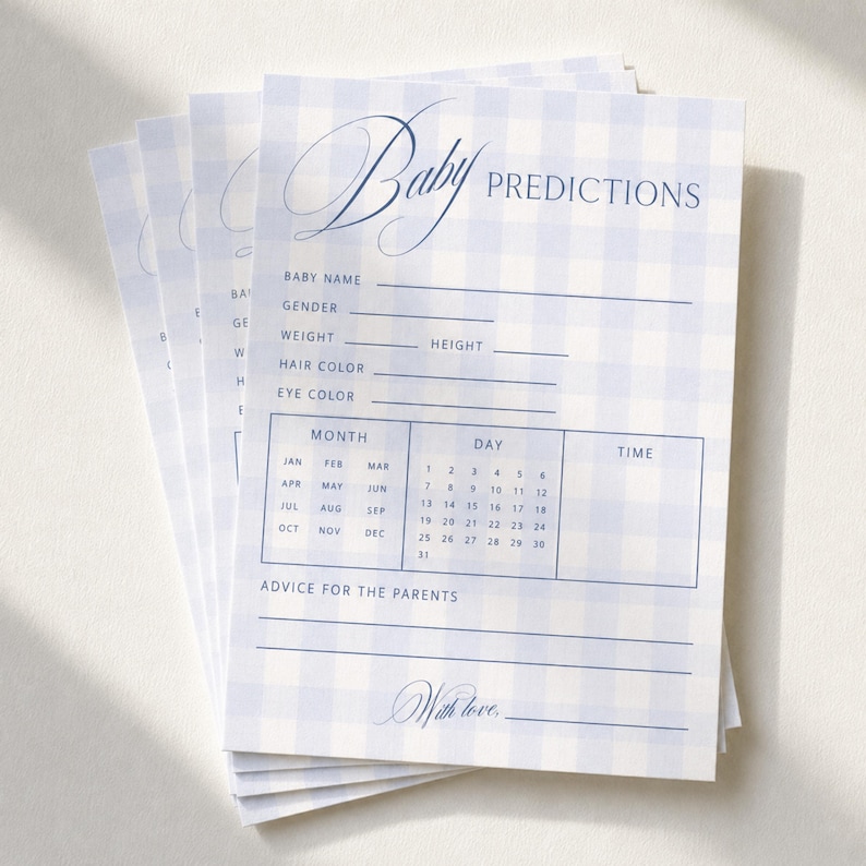 May include: A stack of baby prediction cards featuring a light blue and white gingham pattern. The cards include fields for baby name, gender, weight, height, hair color, eye color, a calendar for month, day, and time, and a section for advice for the parents.