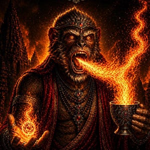 May include: An illustration for Tribal Cafe featuring a monkey-like figure with fiery breath and a cup. The figure is adorned in red robes and jewelry, with the text "The Agni Devotee" and "He breathes the sacred flame."