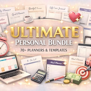 May include: An image featuring a personal bundle with planners and templates. The title "ULTIMATE PERSONAL BUNDLE" is displayed. Items include a laptop, alarm clock, calculator, and a piggy bank. The bundle contains over 70 planners and templates.