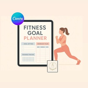 Può includere: Pianificatore digitale di obiettivi di fitness su un tablet con una donna in abbigliamento da allenamento. Il pianificatore include sezioni per l'impostazione degli obiettivi, i piani di allenamento e un tracker dei progressi. Il testo sul tablet recita "Fitness Goal Planner".
