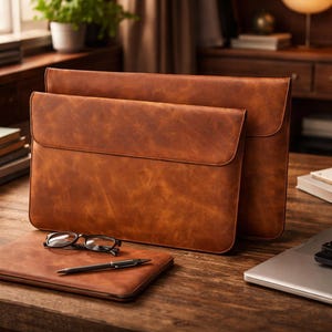 May include: Three brown leather laptop cases with a distressed finish. A smaller case rests in front, with a pair of glasses and a pen on top. The cases are on a wooden surface, suggesting a professional or office setting.