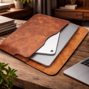 Custom Leather MacBook Sleeve, Personalized Laptop Case, Handmade Full Grain Leather Cover, MacBook Air Pro 13 14 15 16, Luxury Gift for Men