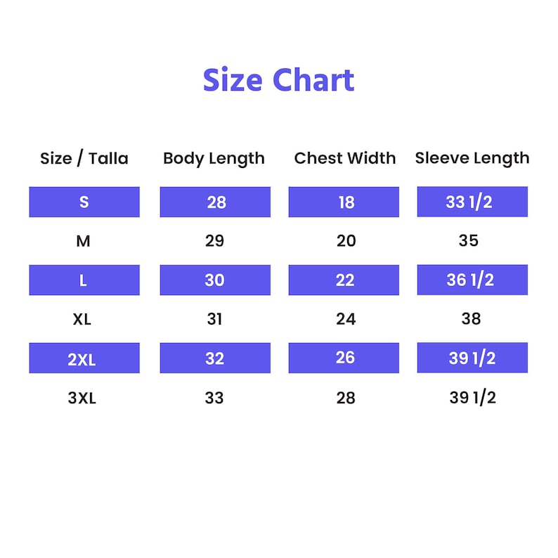 Puede incluir: Una tabla de tallas con el t&iacute;tulo "Size Chart" en texto azul. La tabla incluye medidas de talla, largo de cuerpo, ancho de pecho y largo de manga en cent&iacute;metros. Las tallas van de la S a la 3XL.