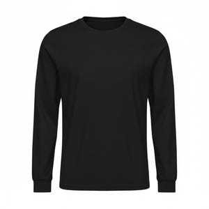 Puede incluir: Una camiseta negra de manga larga. La camiseta tiene cuello redondo y mangas largas con pu&ntilde;os acanalados. La tela parece ser un material suave y c&oacute;modo. Es una prenda b&aacute;sica y vers&aacute;til, adecuada para usar sola o en capas.