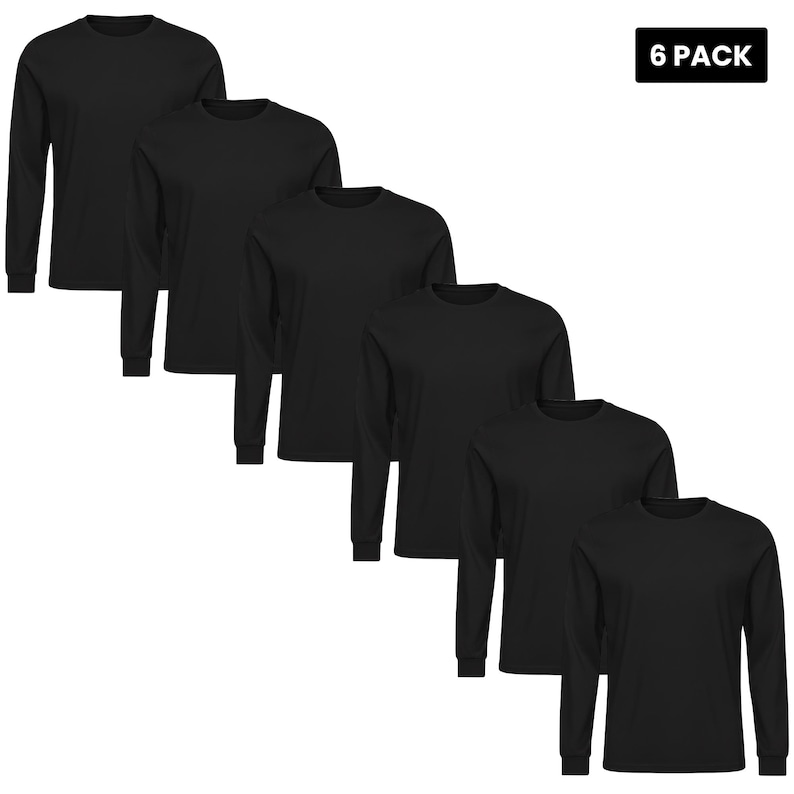 Puede incluir: Seis camisetas negras de manga larga se muestran sobre un fondo blanco. Las camisetas est&aacute;n dispuestas para mostrar su dise&ntilde;o de cuello redondo y mangas largas. La esquina superior derecha presenta un rect&aacute;ngulo negro con el texto "6 PACK" en blanco.