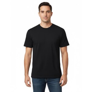 May include: A solid black crew neck t-shirt. The short-sleeved shirt is made of a soft material and is worn with blue jeans. The model is standing in front of a white background.