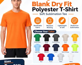 Può includere: Una t-shirt a maniche corte in poliestere dry fit color arancione brillante. L'immagine mostra testo tra cui Zfeel Blank Dry Fit Polyester T-Shirt, caratteristiche come tessuto traspirante, assorbimento dell'umidità e una tabella colori con verde, nero, grigio, beige, oro, blu, bordeaux, navy, arancione, giallo, rosso, argento e bianco.