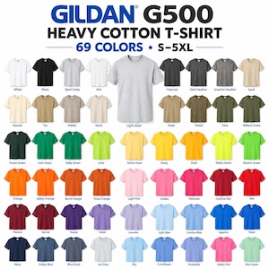 May include: A Gildan G500 heavy cotton t-shirt color chart displaying 69 variations in short-sleeve crew neck style. The image features a central light steel shirt surrounded by rows of diverse colors including white, black, gray, red, blue, and green.