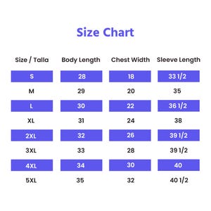 May include: A size chart with measurements for clothing. The chart includes sizes S to 5XL, body length in inches from 28 to 35, chest width in inches from 18 to 32, and sleeve length in inches from 33 1/2 to 40 1/2.