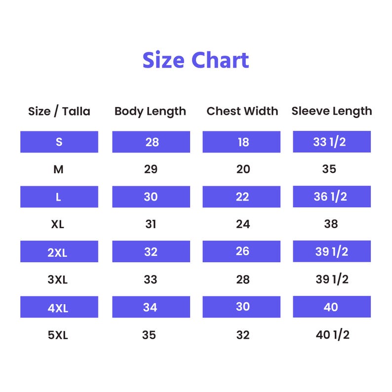 May include: A size chart with measurements for clothing. The chart includes sizes S to 5XL, body length in inches from 28 to 35, chest width in inches from 18 to 32, and sleeve length in inches from 33 1/2 to 40 1/2.