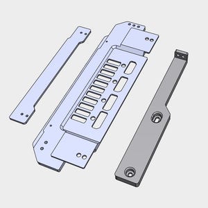 May include: An exploded view of a light blue and gray metal component assembly. The components include a rectangular plate with multiple rectangular cutouts, two long, thin plates, and a gray, L-shaped plate with two circular holes.