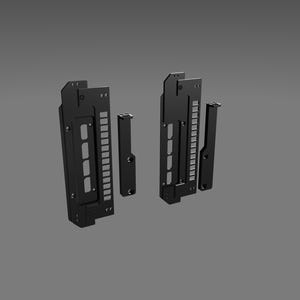 May include: Black metal computer components, including two rectangular brackets with multiple small openings and two smaller, rectangular pieces. The components are arranged against a gray background.