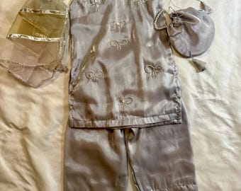 Silver Metallic Silk Farshi Shalwar Set with Potli Bag & Dupatta