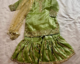 Parrot Green Silk Gharara Set With Potli Bag & Dupatta