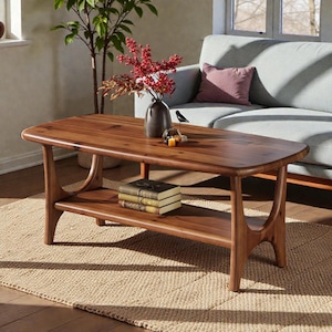 May include: A rectangular wooden coffee table with a lower shelf. The table is made of a warm-toned wood and has rounded edges. A vase with red berries, books, and a candle sit on top. The table is approximately 48 inches long and 24 inches wide.