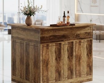 L-Shaped Bar Table with Storage, 4-Tier Bar Cabinet & Reception Desk