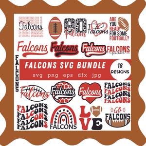 May include: A collection of 18 football-themed designs, including the word "Falcons" in various fonts and styles. The designs feature footballs, hearts, and the phrases "Are you ready for some football?" and "Love".