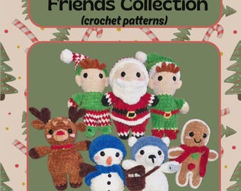 May include: The Northpole Friends Collection (crochet patterns) is displayed. The image features a collection of handmade crochet dolls, including Santa Claus, elves, a reindeer, a snowman, a polar bear, and a gingerbread man. The dolls are in festive colors.