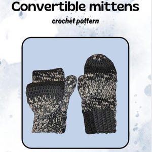 Puede incluir: Patrón de ganchillo de mitones convertibles. La imagen muestra dos mitones hechos a mano con un diseño moteado en blanco y negro. Los mitones tienen una solapa que se puede plegar hacia atrás para exponer los dedos, transformándolos en guantes sin dedos.