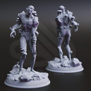 May include: A light purple, unpainted resin miniature figurine of a humanoid creature with a textured, vein-like skin surface and multiple mushroom growths protruding from its body, standing on a rocky base with a circular platform.