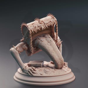 May include: A light brown resin miniature of a mimic creature, depicted as a wooden treasure chest with sharp teeth and a long, protruding tongue. The figure features two muscular arms with spiked bands, resting on a base covered in coins.