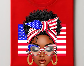 May include: Red t-shirt featuring a graphic of a woman with a patriotic headband, glasses, and earrings. The design incorporates the American flag. The text "HIGH QUALITY PNG/SVG/PDF DESIGN" is visible at the bottom.
