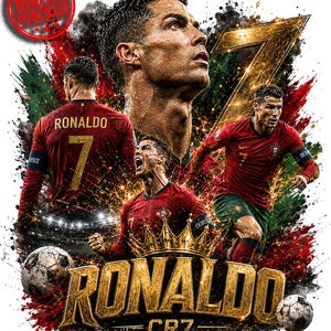 Digital artwork preview of a high-impact Ronaldo CR7 football graphic with realistic layered player poses, large gold number 7, crown detail, soccer balls, red green and black grunge splashes, smoky texture, bright gold sparks, and oversized metallic “RONALDO” lettering. A red Digital Purchase stamp highlights the printable PNG download format.