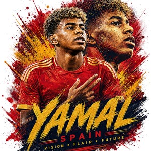 May include: A graphic print featuring a portrait of Lamine Yamal in a red jersey with gold stripes. The design includes the text YAMAL, SPAIN, VISION, FLAIR, and FUTURE, set against a dynamic background of red, yellow, and black paint splatters.