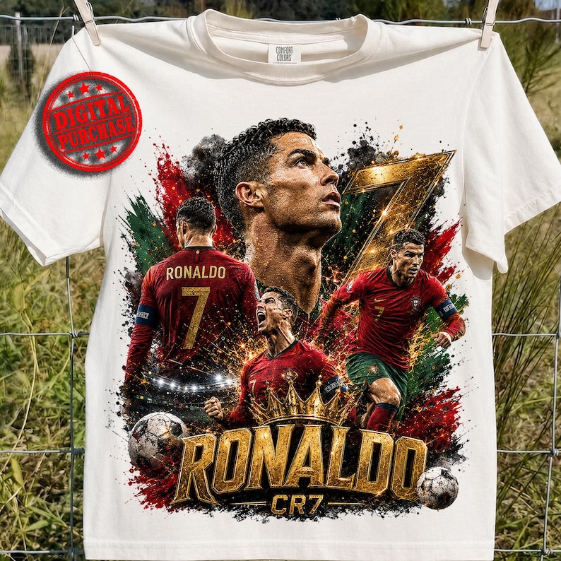 Outdoor white t-shirt mockup hanging on a fence, featuring a bold Ronaldo CR7 football design with multiple action poses, a large portrait, gold number 7, crown, soccer balls, red and green paint splashes, black smoky grunge texture, and metallic gold “RONALDO” text. Red Digital Purchase stamp shows this is a printable digital PNG download.