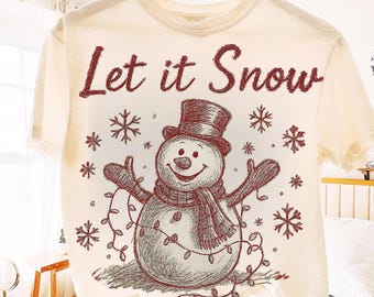Let It Snow PNG: Vintage Sketch Snowman Christmas T-Shirt Design (Digital Download)