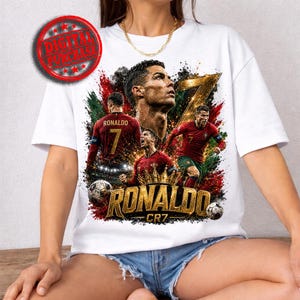 White sweatshirt lifestyle mockup showing a premium Ronaldo CR7 football design with a large portrait, back-view jersey pose, celebration pose, running action pose, gold number 7, crown, soccer balls, red green and gold grunge splashes, smoky texture, and bold metallic “RONALDO” text. Red Digital Purchase stamp marks it as a downloadable PNG.