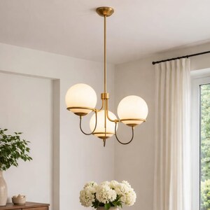Modern Brass Globe Chandelier, 3-Light Frosted Glass Pendant, Mid-Century Ceiling Light Fixture