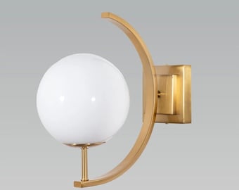 Modern Brass Globe Wall Sconce, Mid Century Opal Glass Light, Bedroom Bedside Lighting