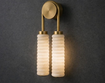 Handmade Alabaster Double Tube Wall Sconce, Brushed Brass Mid Century Fixture