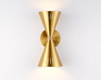 Double Cone Brass Wall Sconce, Mid-Century Modern Gold Lighting Fixture