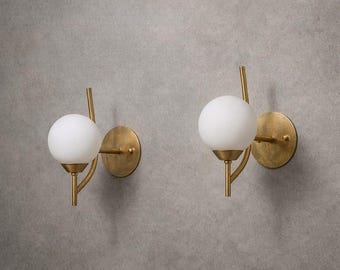 Set of 2 Brass Globe Wall Sconces | Mid Century Frosted Glass Lights