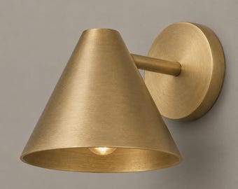 Handmade Brass Cone Shade Wall Sconce, Modern Minimalist Bedside Lamp Fixture
