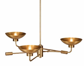 Modern Brass 3-Light Chandelier, Mid Century Ceiling Light, Adjustable Pendant Lamp