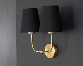 Handmade Double Wall Sconce, Antique Brass, Black Fabric Shades, Mid Century Lighting Fixture