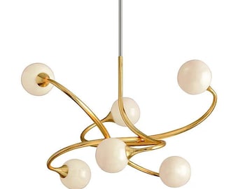 Modern Brass Sputnik Chandelier, 6 Light Globe Pendant, Mid Century Ceiling Light