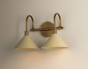 Mid Century Modern Brass Double Wall Sconce, Cream Cone Shade Vanity Light