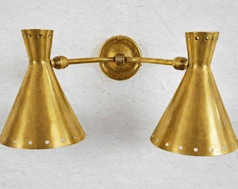 Handmade Brass Double Cone Sconce | Mid-Century Perforated Lampshade Wall Light