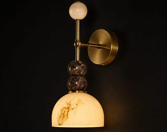 Handcrafted Alabaster Globe Sconce, Brushed Brass, Crystal Accents, Modern Luxury Wall Light