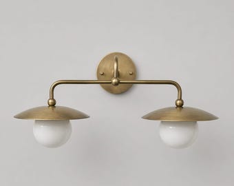 Mid Century Modern Double Wall Sconce, Antique Brass Vanity Light, Opal Glass Fixture