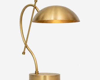 Polished Brass Dome Table Lamp, Mid Century Curved Arm Desk Light