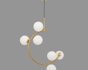 Modern Brass Globe Chandelier | Mid Century Curved Ceiling Light, 6 Frosted Glass Pendants