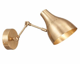 Mid Century Brass Wall Sconce, Adjustable Swing Arm Reading Lamp, Industrial Lighting Fixture