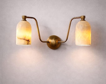 Modern Brass Double Sconce, Alabaster Glass Wall Light, Mid Century Lamp