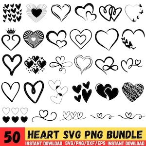 May include: A collection of 50 black heart designs in various styles, including solid, outlined, and patterned. The image includes the text "HEART SVG PNG BUNDLE" and "INSTANT DOWNLOAD".