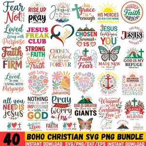 Könnte beinhalten: Eine Sammlung von 40 Boho-Christian-SVG- und PNG-Designs mit inspirierenden Zitaten und religiösen Themen. Die Designs zeigen florale Elemente, Schmetterlinge, Kreuze und Sätze wie "Fear Not" und "Jesus Loves You".